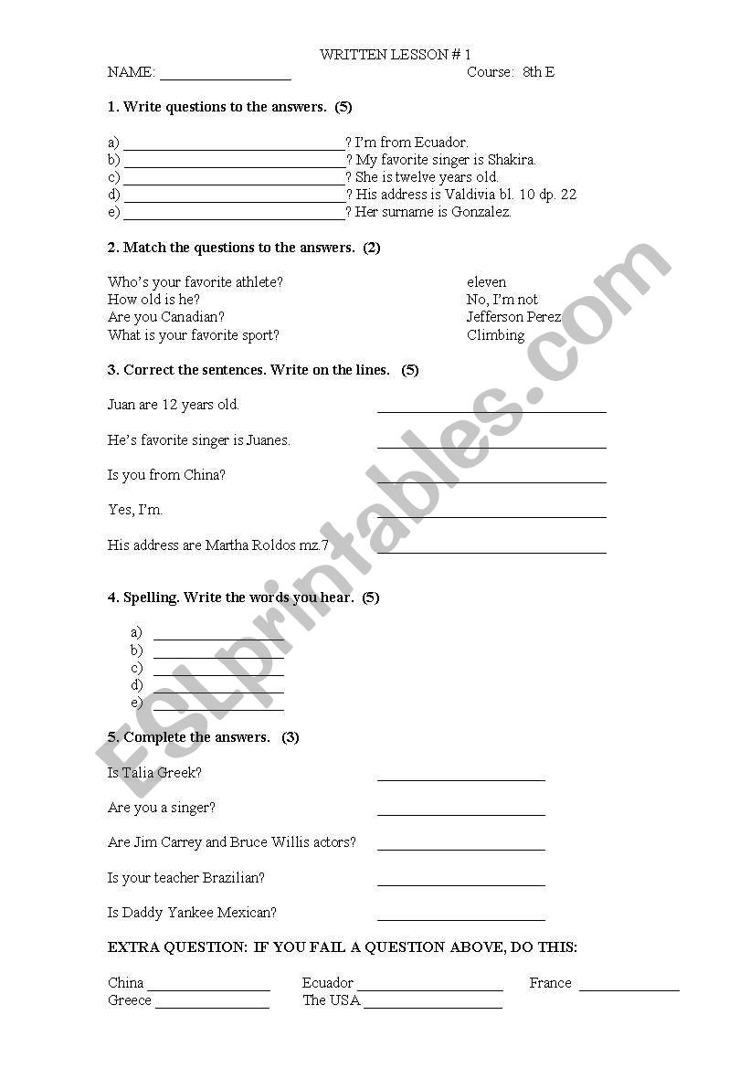 Personal Information worksheet