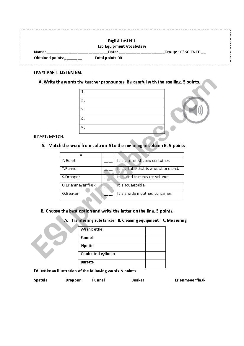 Lab equipment test worksheet