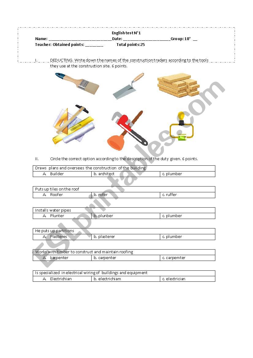 Construction jobs worksheet