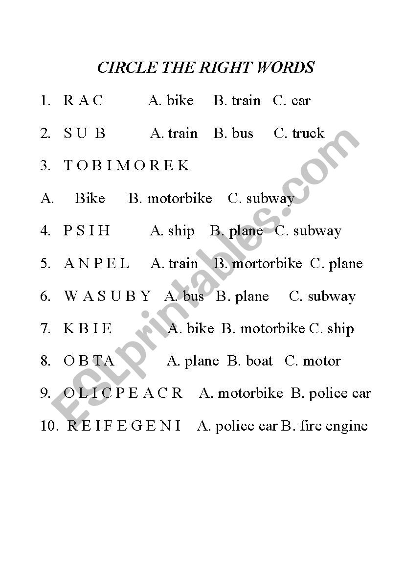 Means of transport worksheet