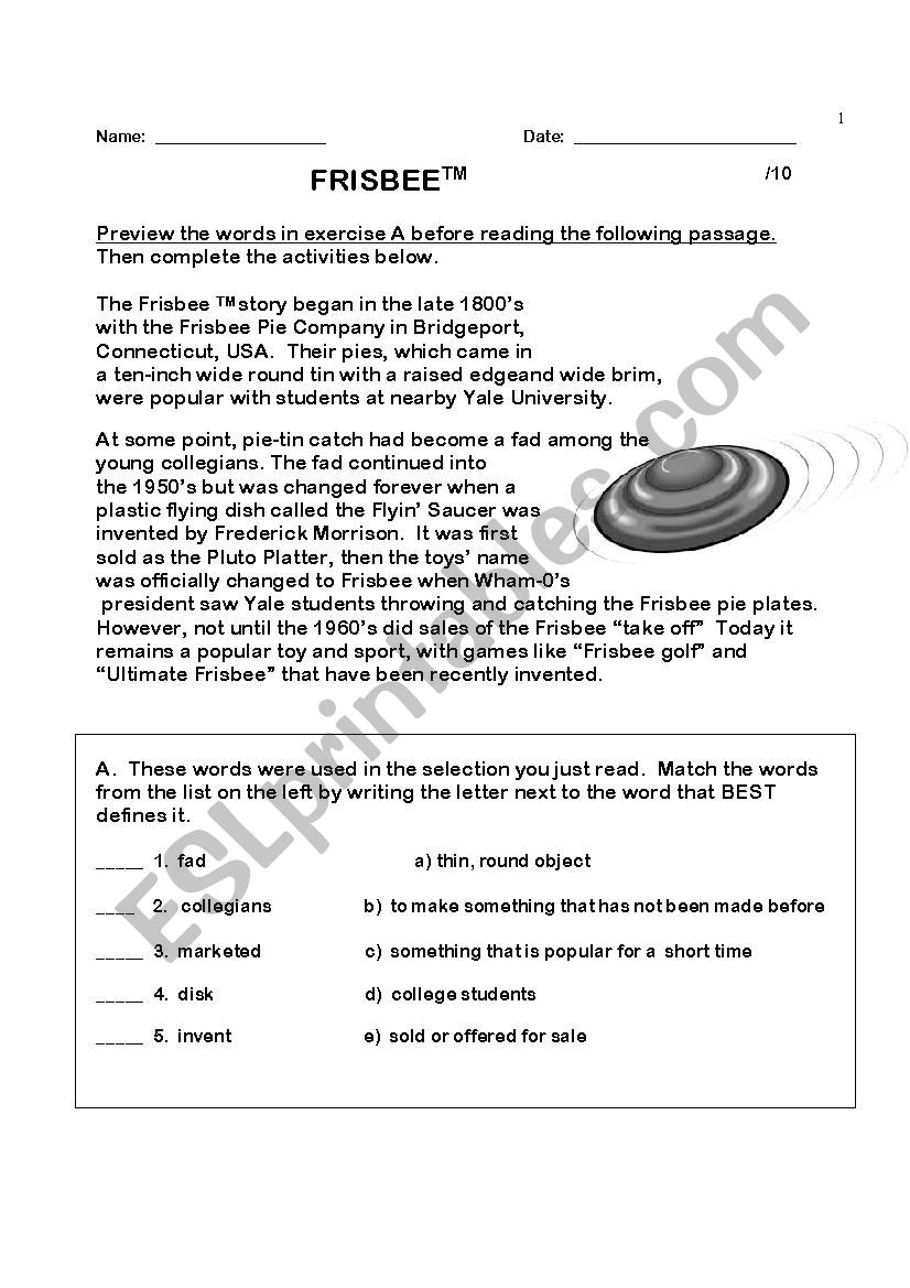 Frisbee  worksheet