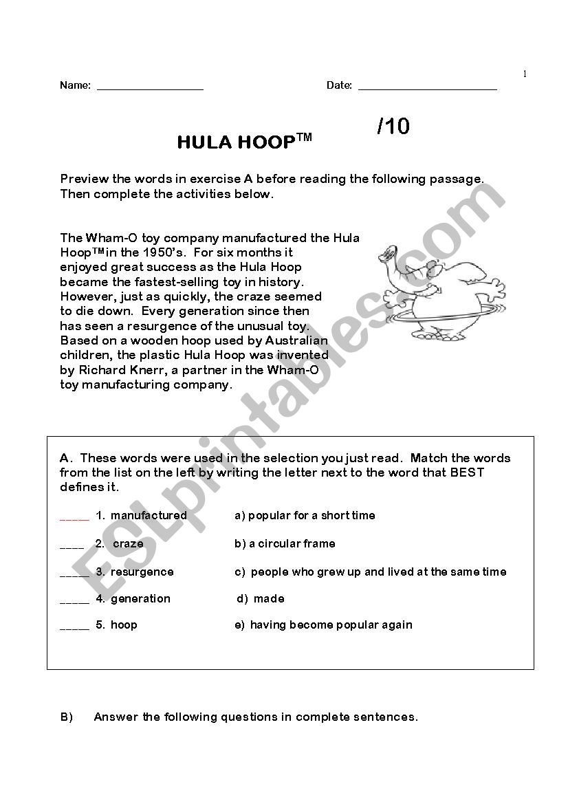 Hula Hoop worksheet