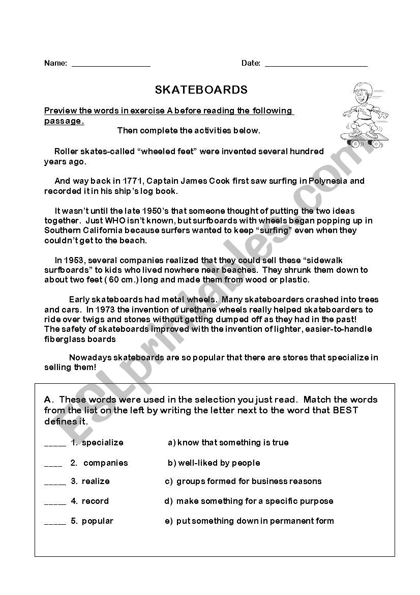 Skateboard worksheet