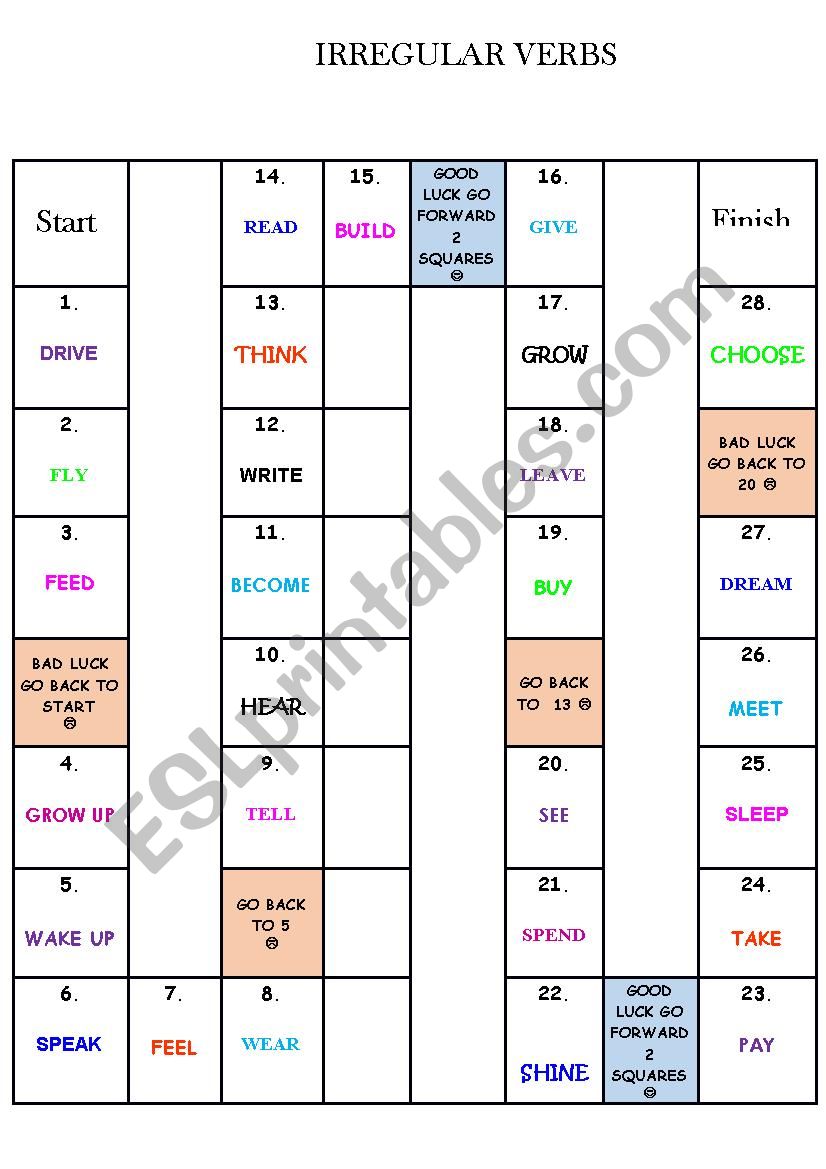 irregular verbs boardgame worksheet