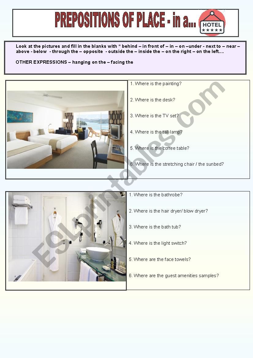 Tourism - prepositions of place - hotel rooms
