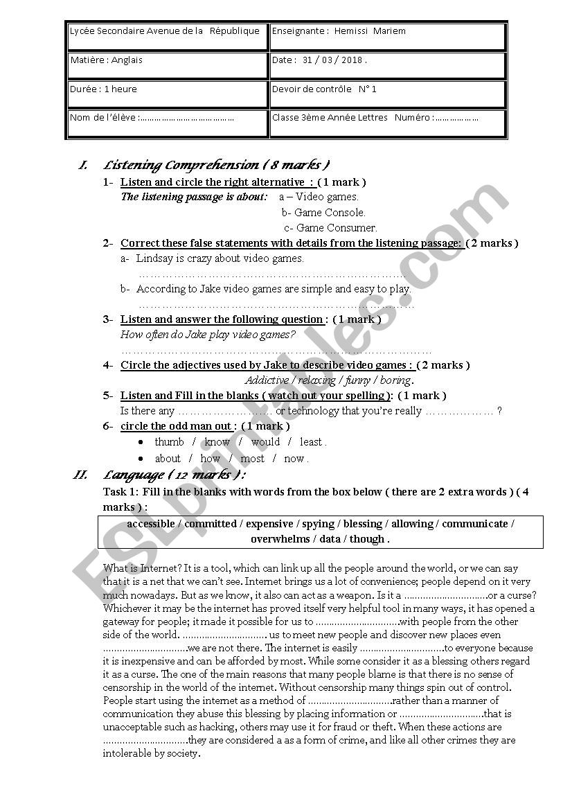 Third year English Listening Test nb 1 second semester - ESL worksheet by  radhiamk1234