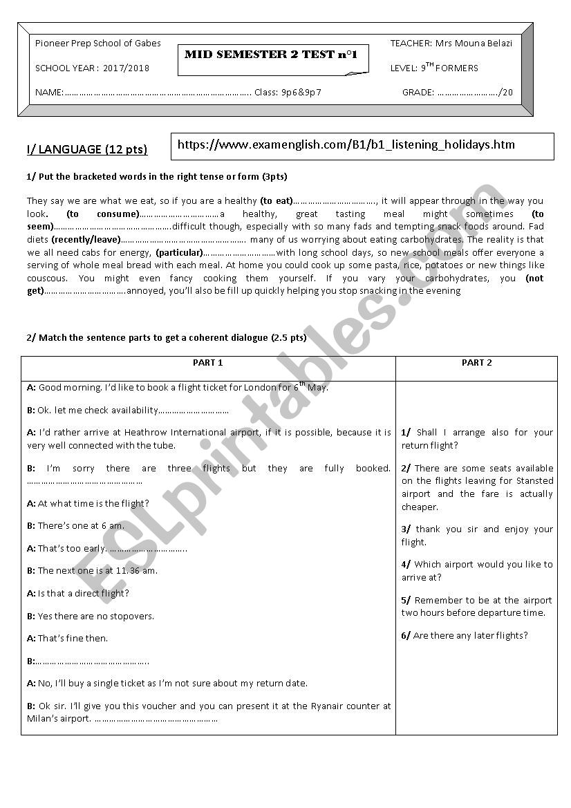 mid semester 2 test 1 9th worksheet