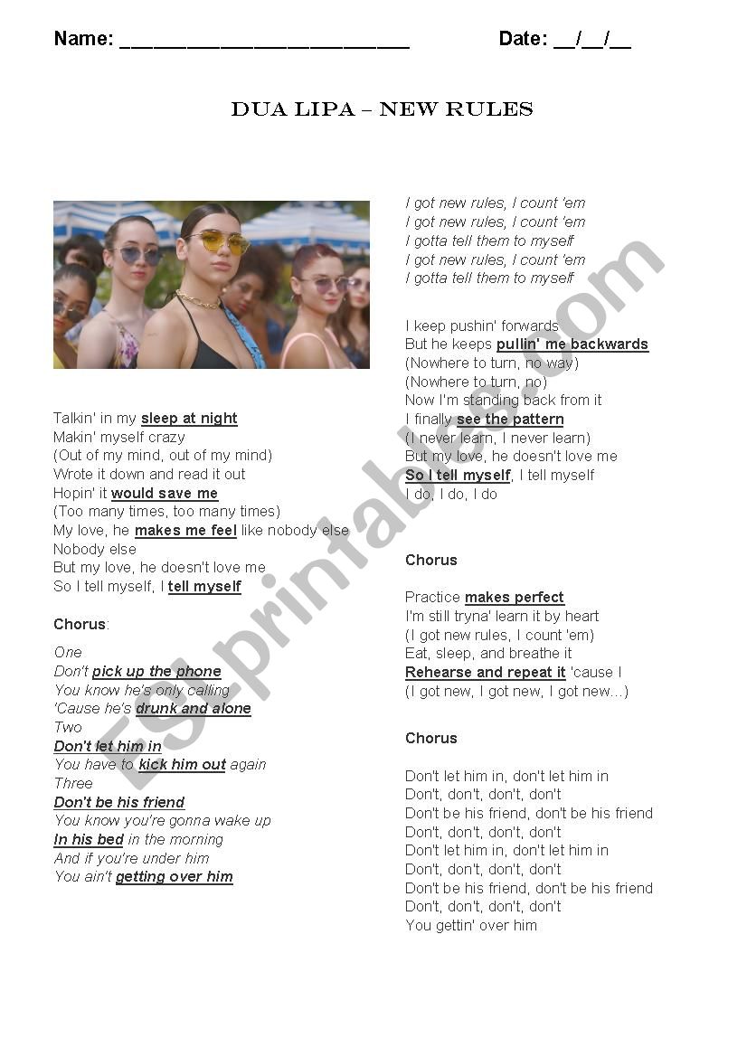 New Rules - Dua Lipa (FCE) worksheet