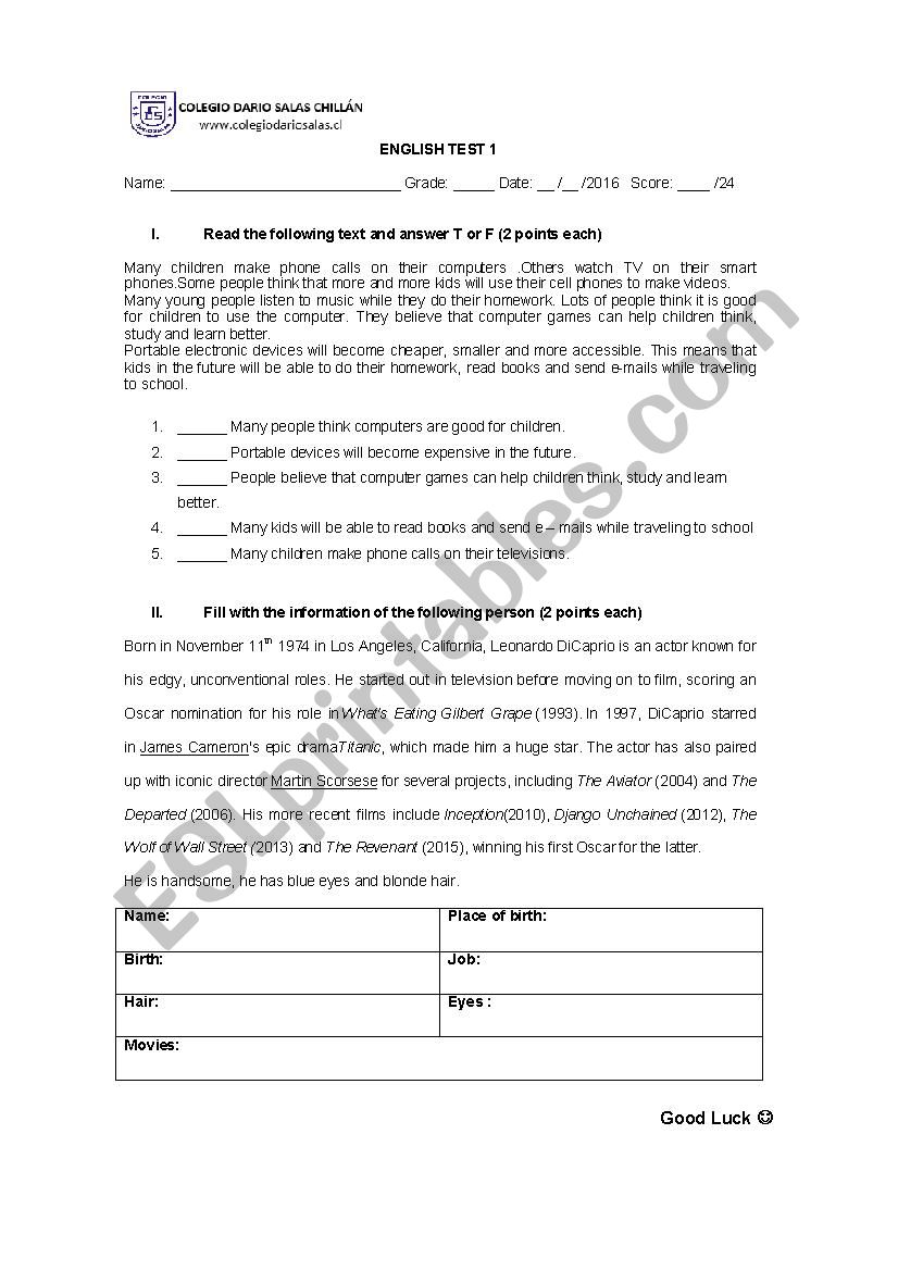English Reading test  worksheet