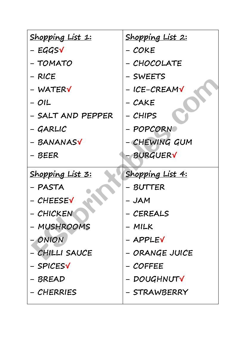 Shopping List worksheet