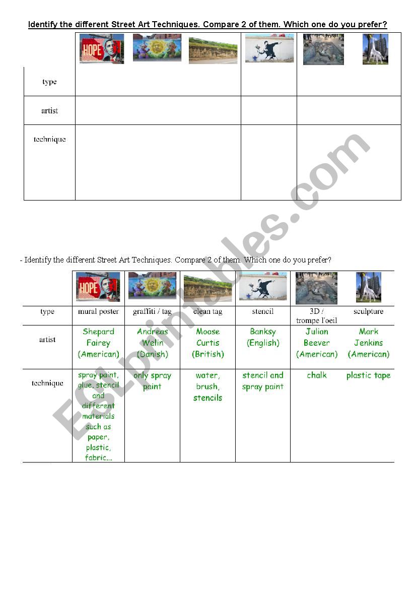 type of street art worksheet