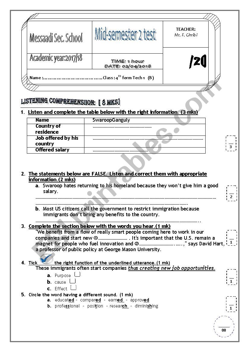 Mid-semester 2 test (4th form secondary edu.  Tunisian students)