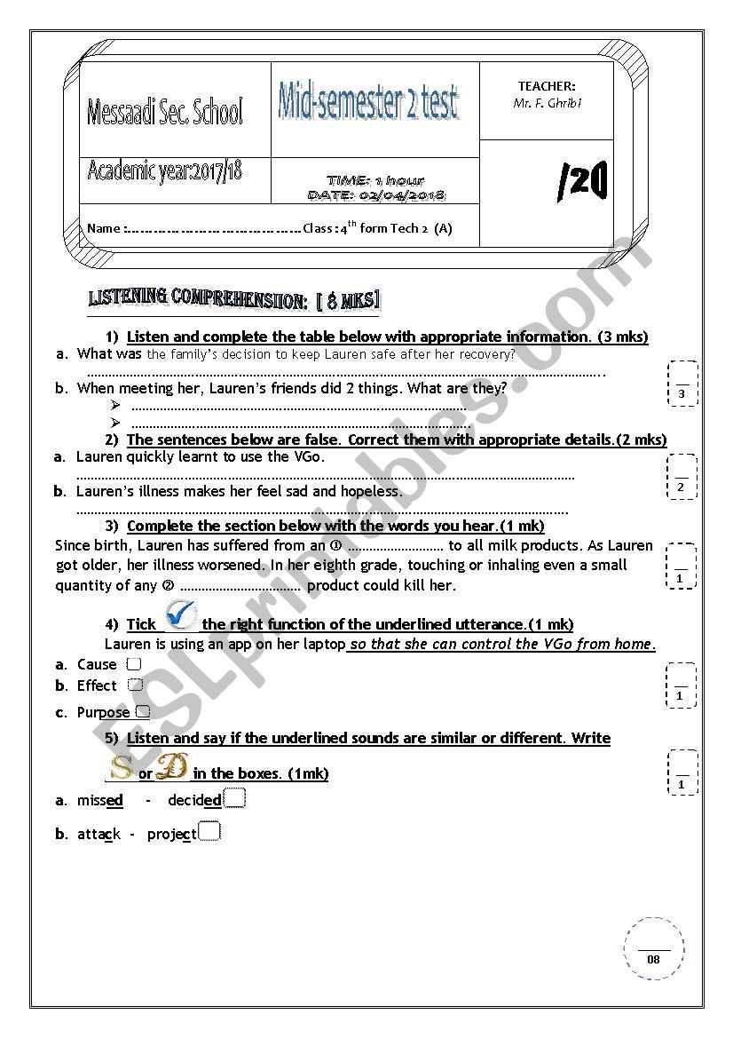 Mid-semester 2 test (4th form secondary edu.  Tunisian students)