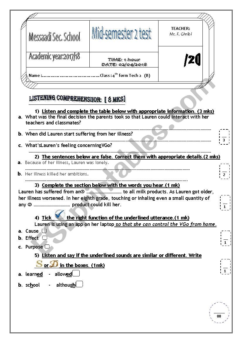 Mid-semester 2 test (4th form secondary edu.  Tunisian students)