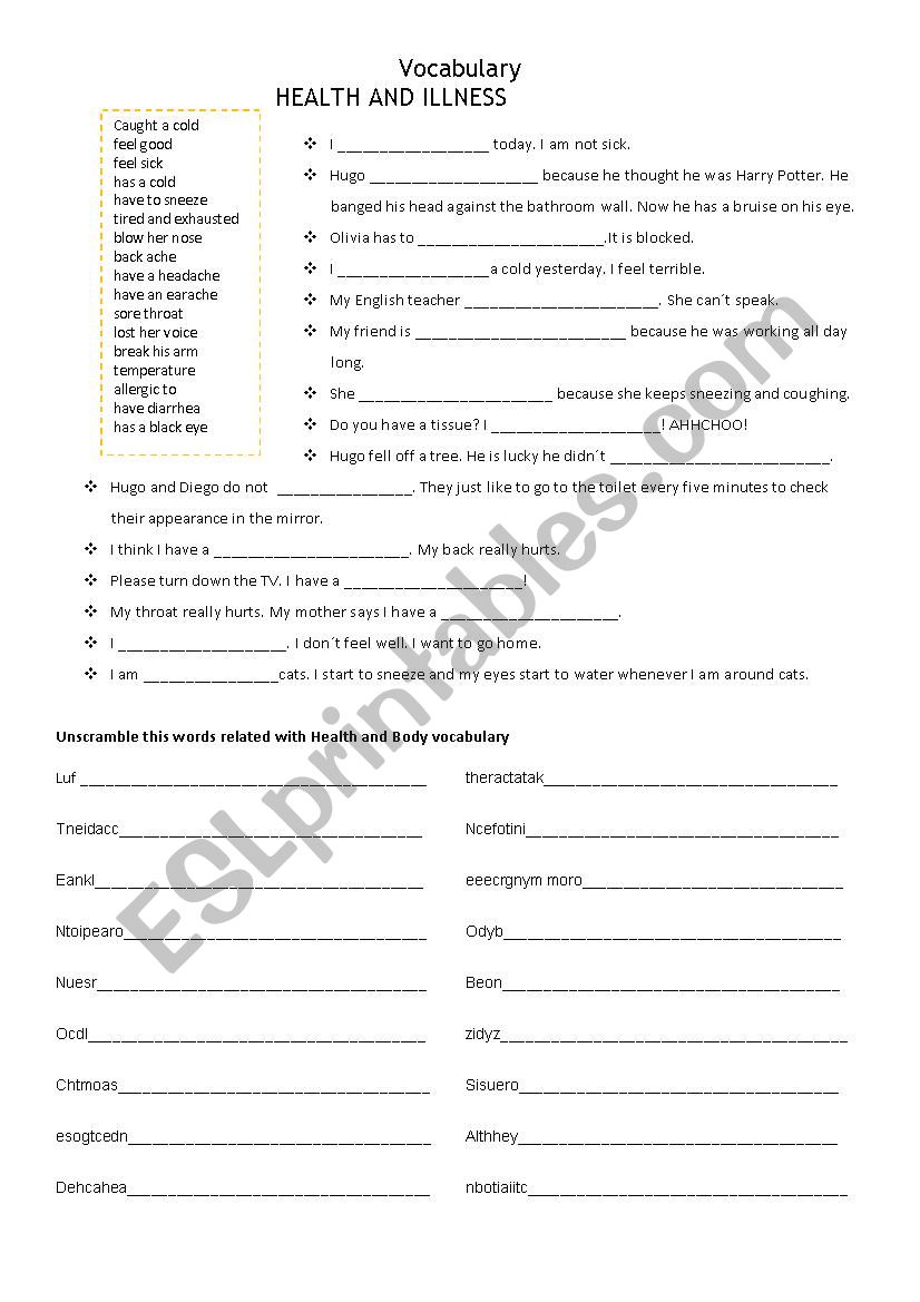 Sickness Vocabulary worksheet