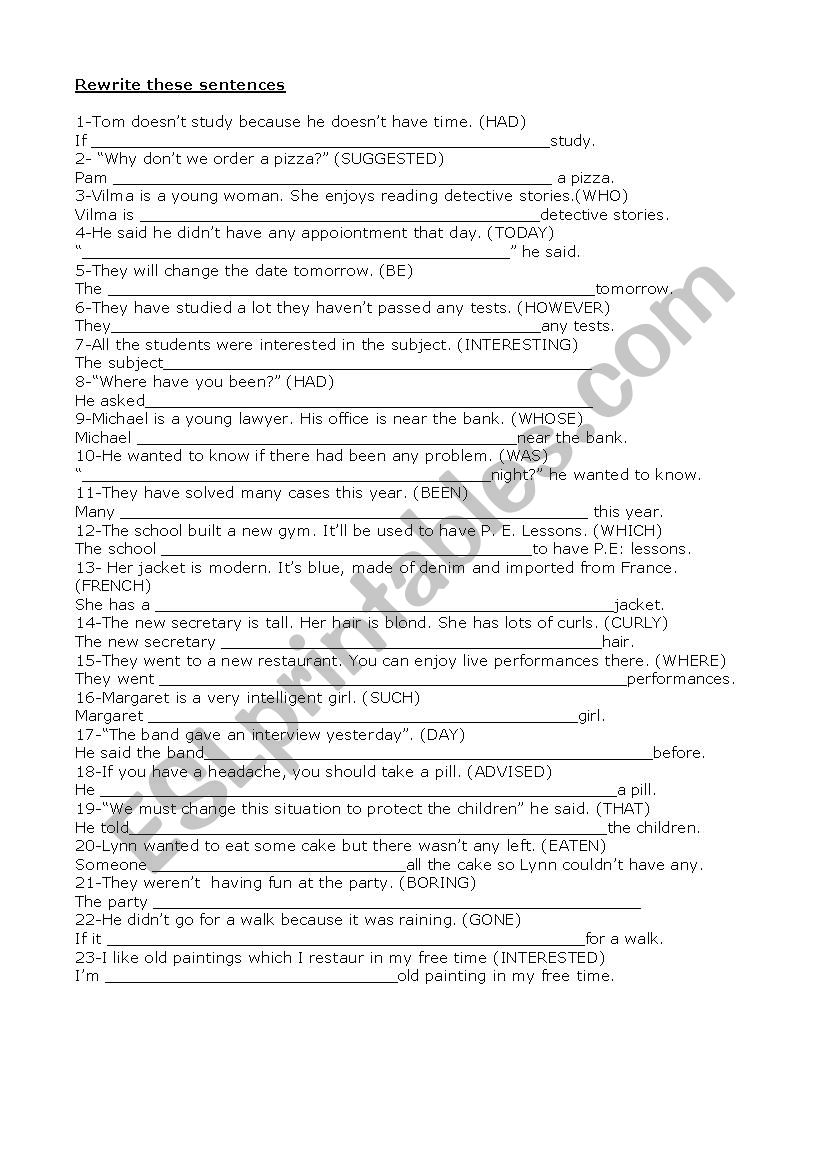 Sentence transformation worksheet