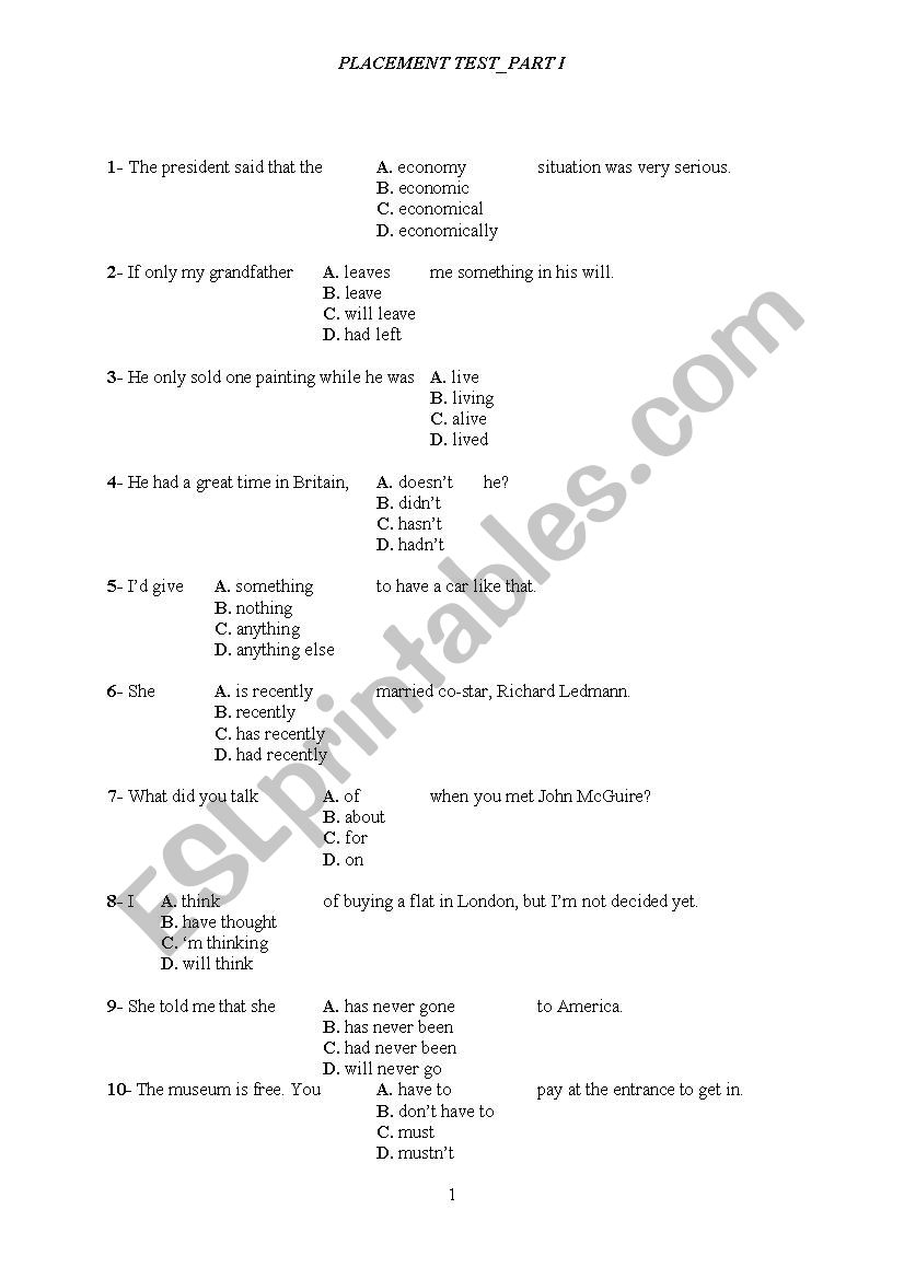 placement test worksheet