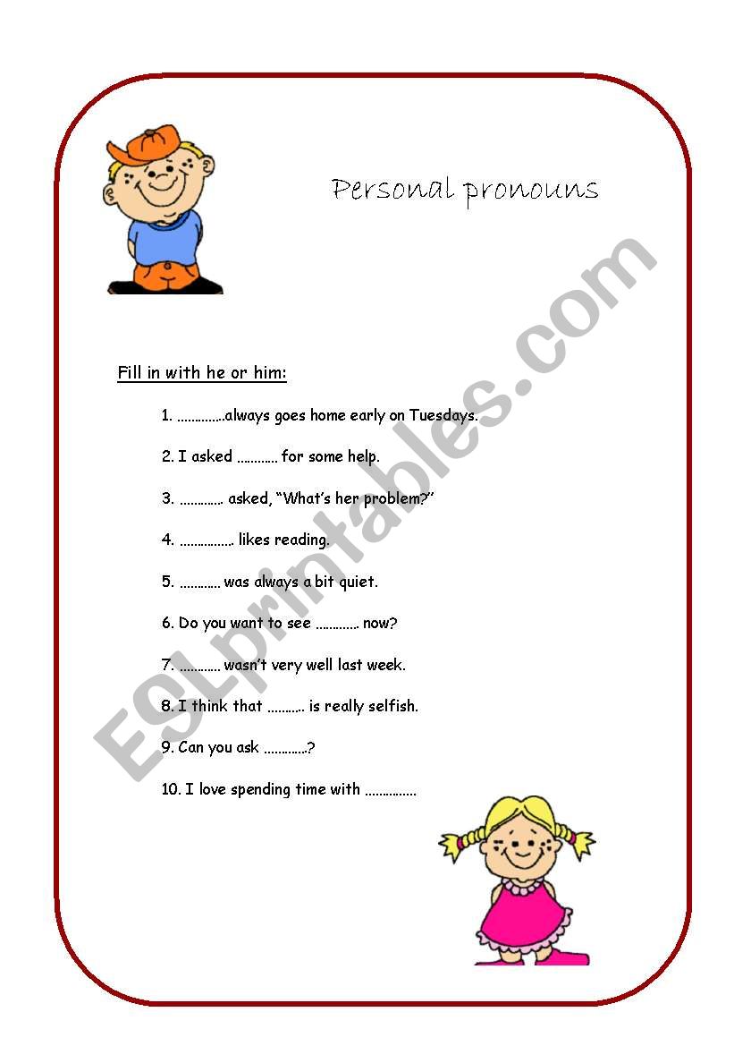Personal pronouns - he or him worksheet