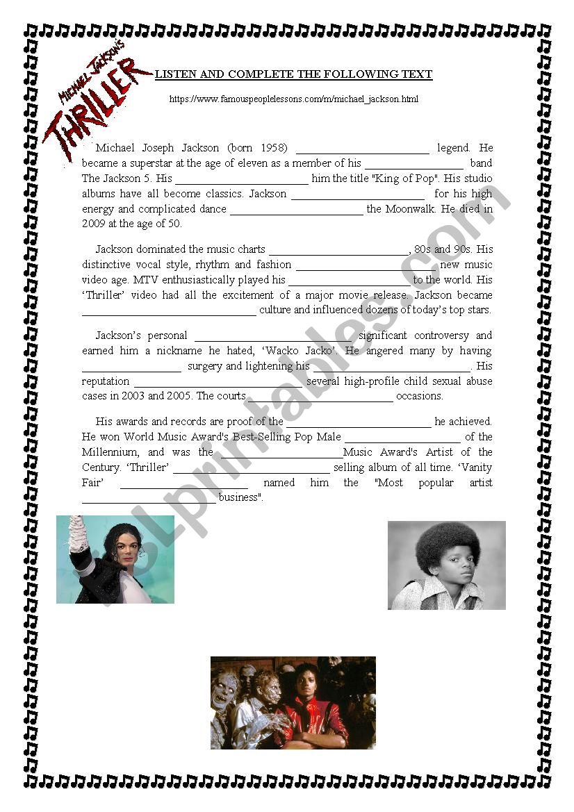 michael jackson biography worksheet