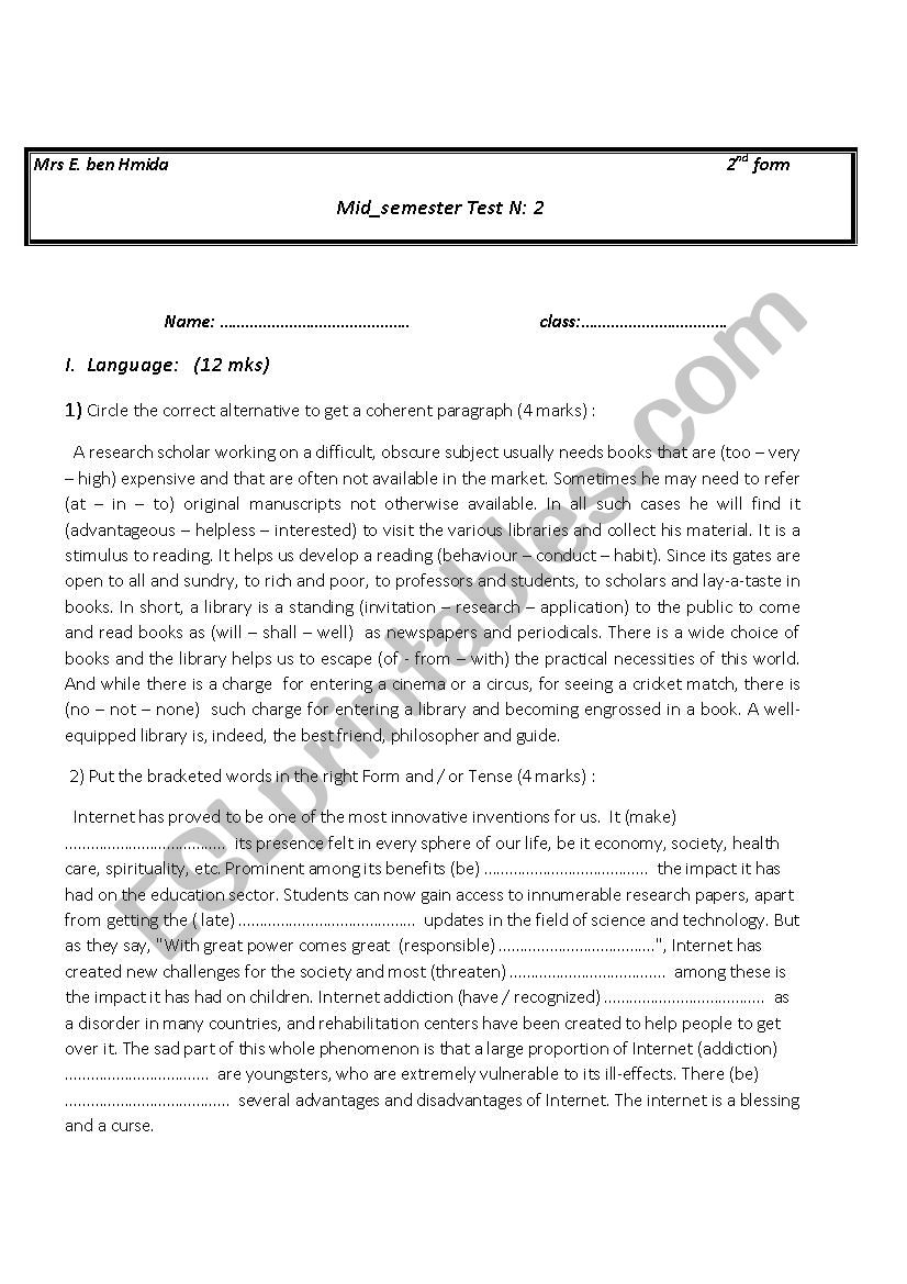 Mid term test 3 2nd form worksheet