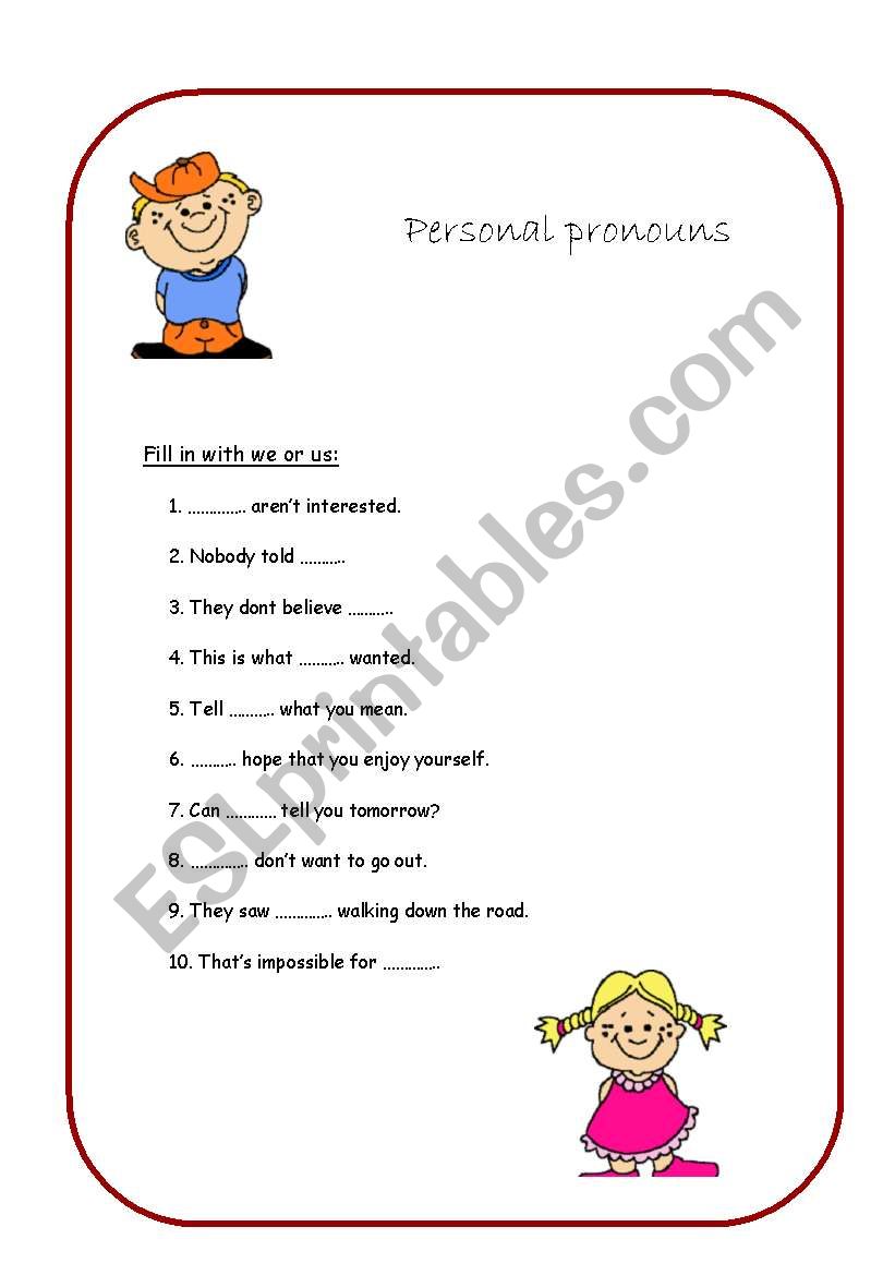 Personal pronouns - we or us. worksheet