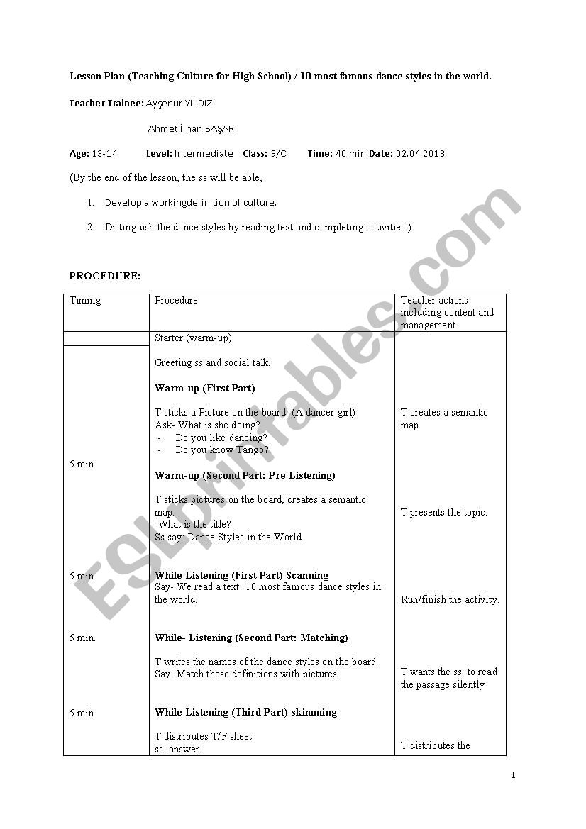 Dance Styles in the World  worksheet