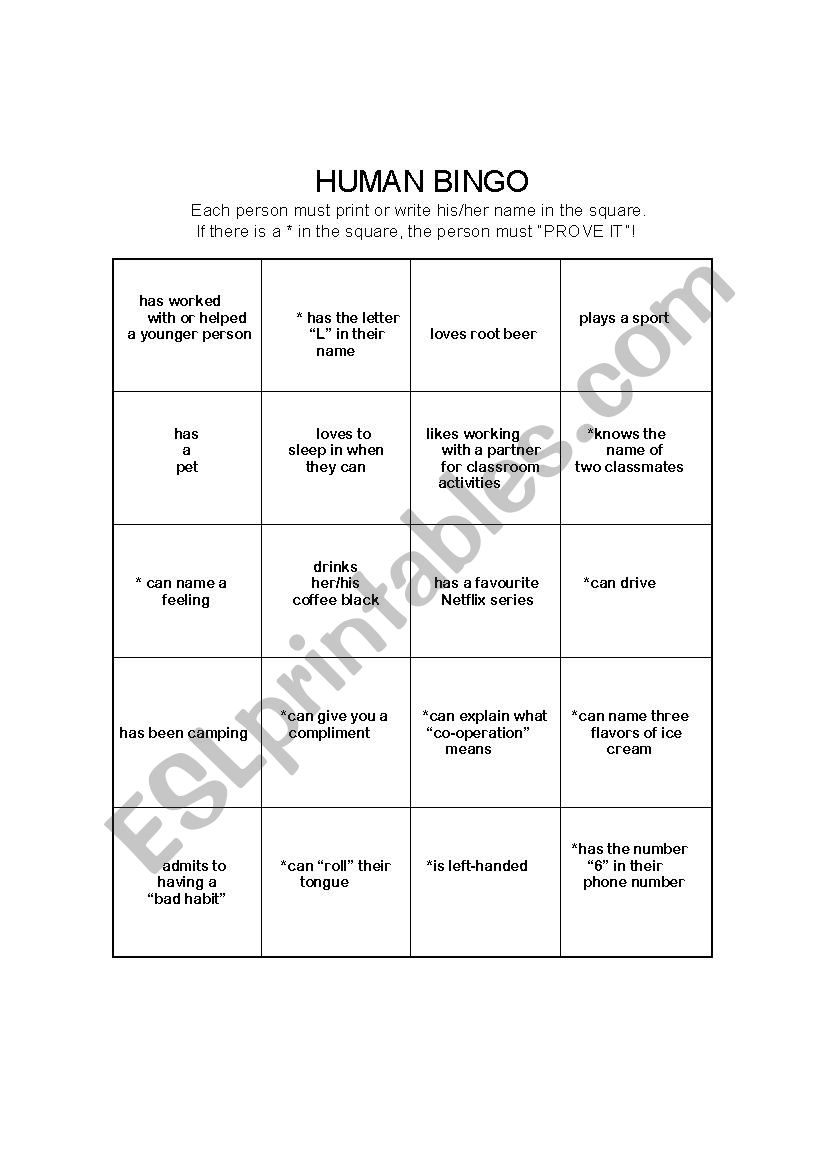 Human Bingo worksheet