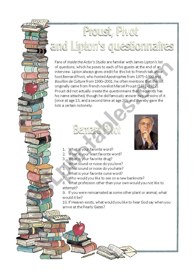 Discussion in class Marcel Proust, Bernard Pivot and James LiptonÂ´s questionnaires