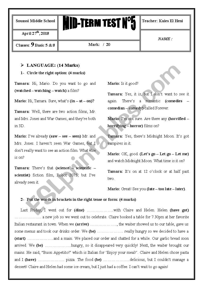 2017 / 2018 9th Form Mid-Term Test 5