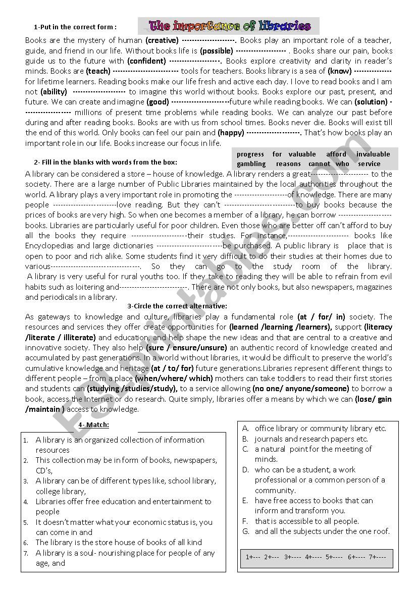 The imporatnce of libraries  worksheet