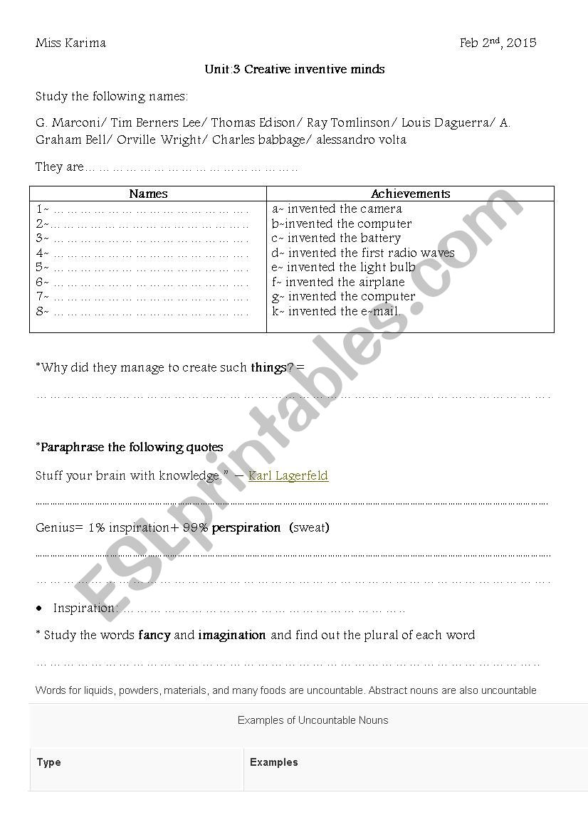 creative iventive minds worksheet