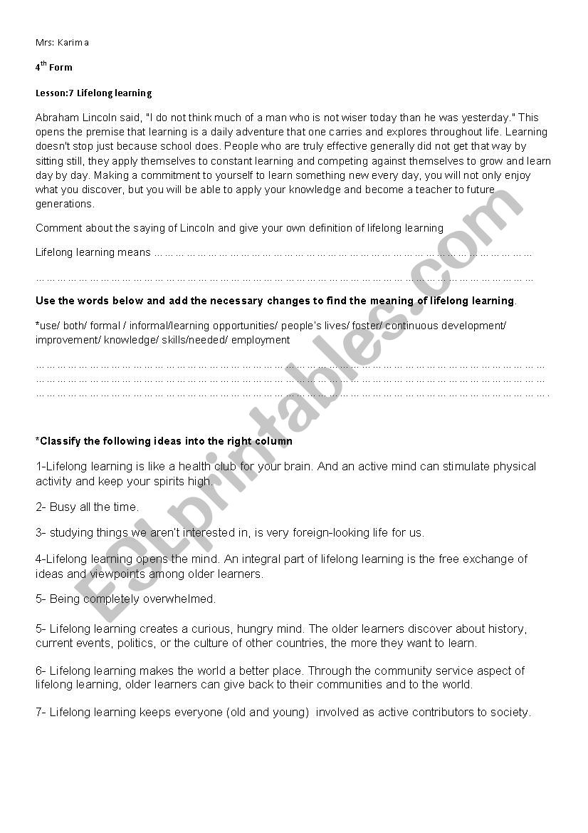 lifelong learning worksheet