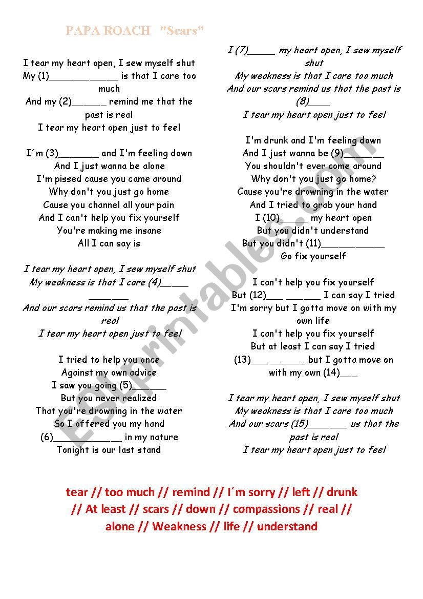 SCARS (PAPA ROACH) worksheet