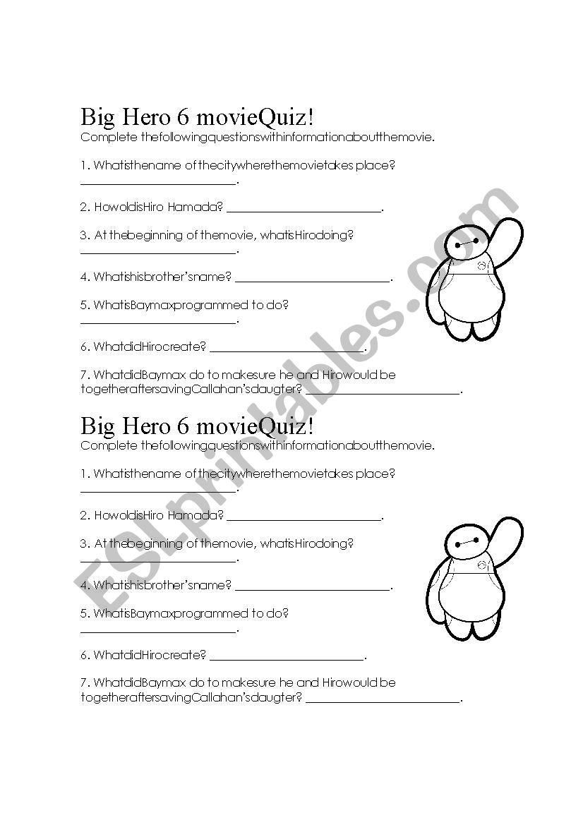 Big Hero 6 Movie Quiz worksheet