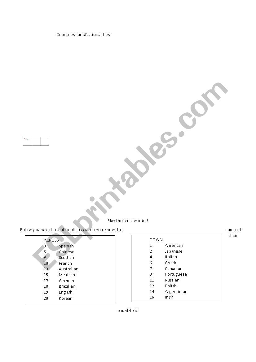 Crossword - Countries and Nationalities