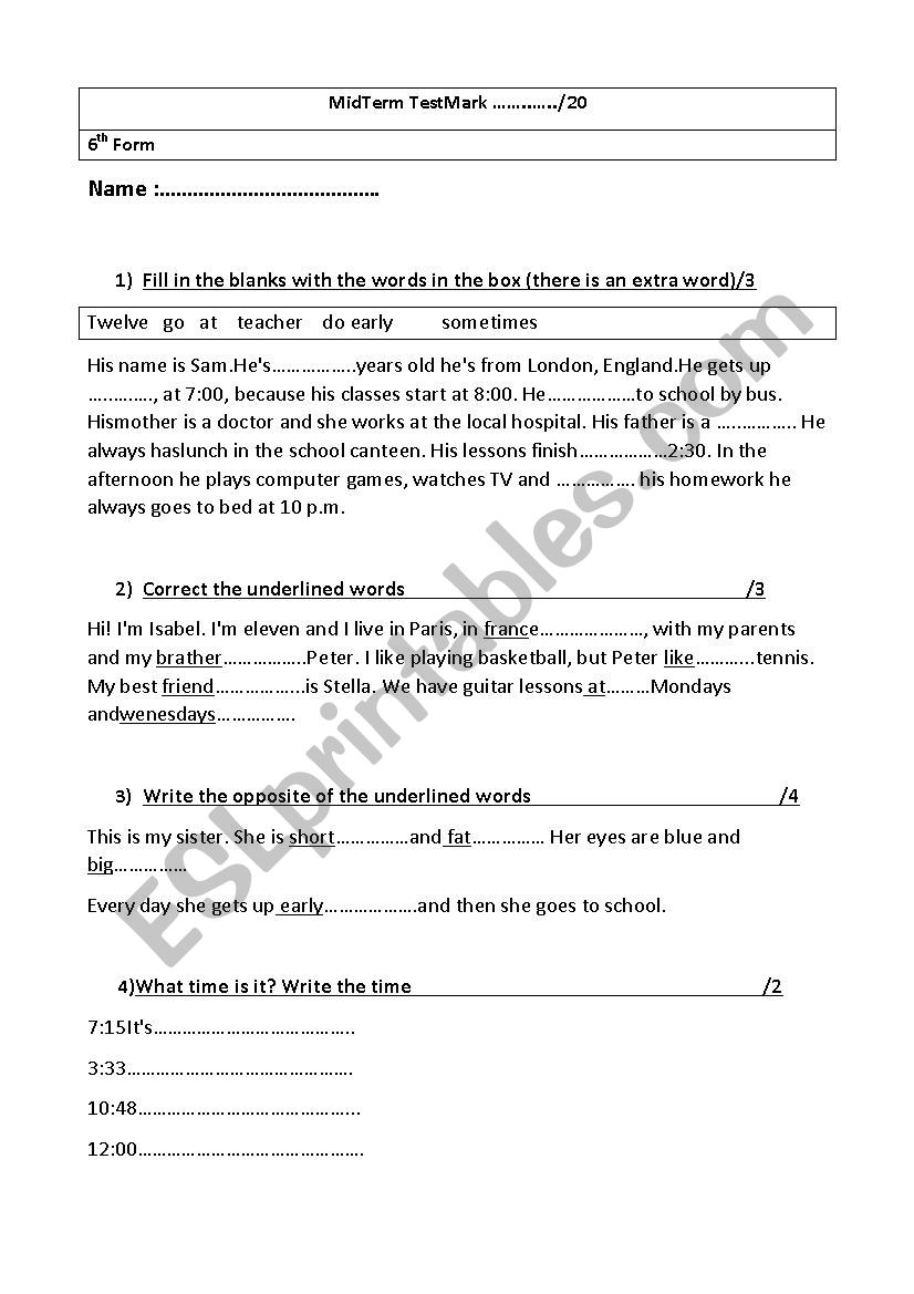 6 th form tunisian exam worksheet