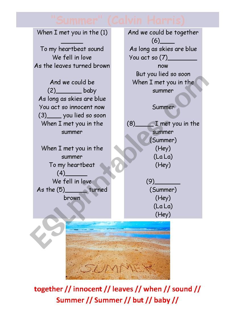 SUMMER (CALVIN HARRIS) worksheet