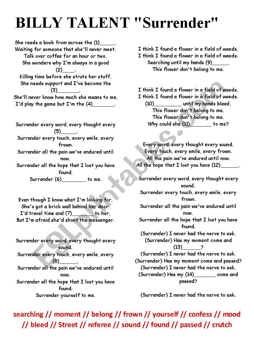 SURRENDER (BILLY TALENT) worksheet
