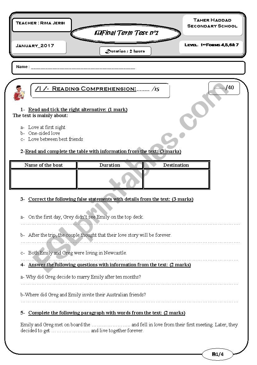 END OF TERM TEST 1st form worksheet