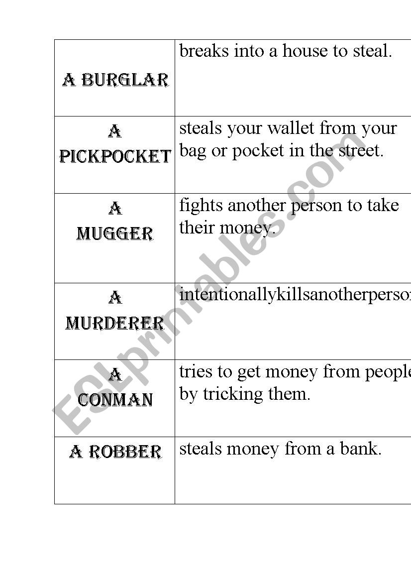 types of criminals worksheet