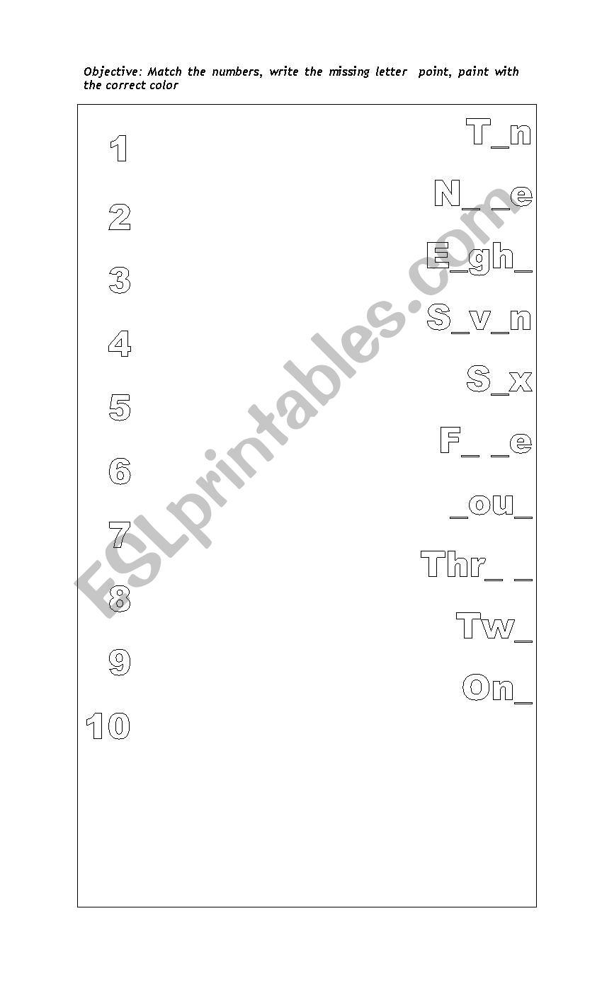 Numbers 1-20 missing letters worksheet