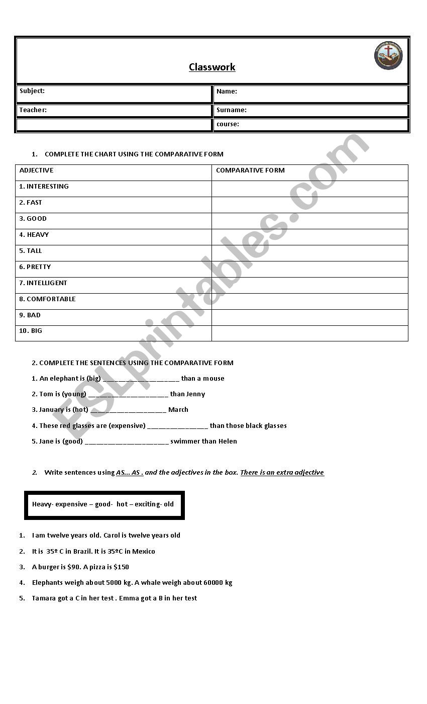 comparative classwork worksheet