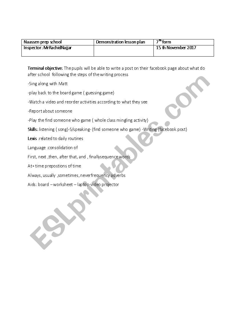 daily routines lesson plan worksheet