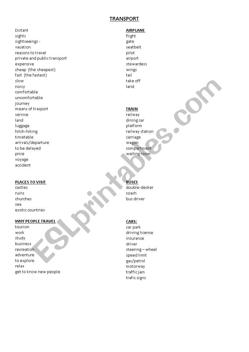 Transport and travelling vocabulary