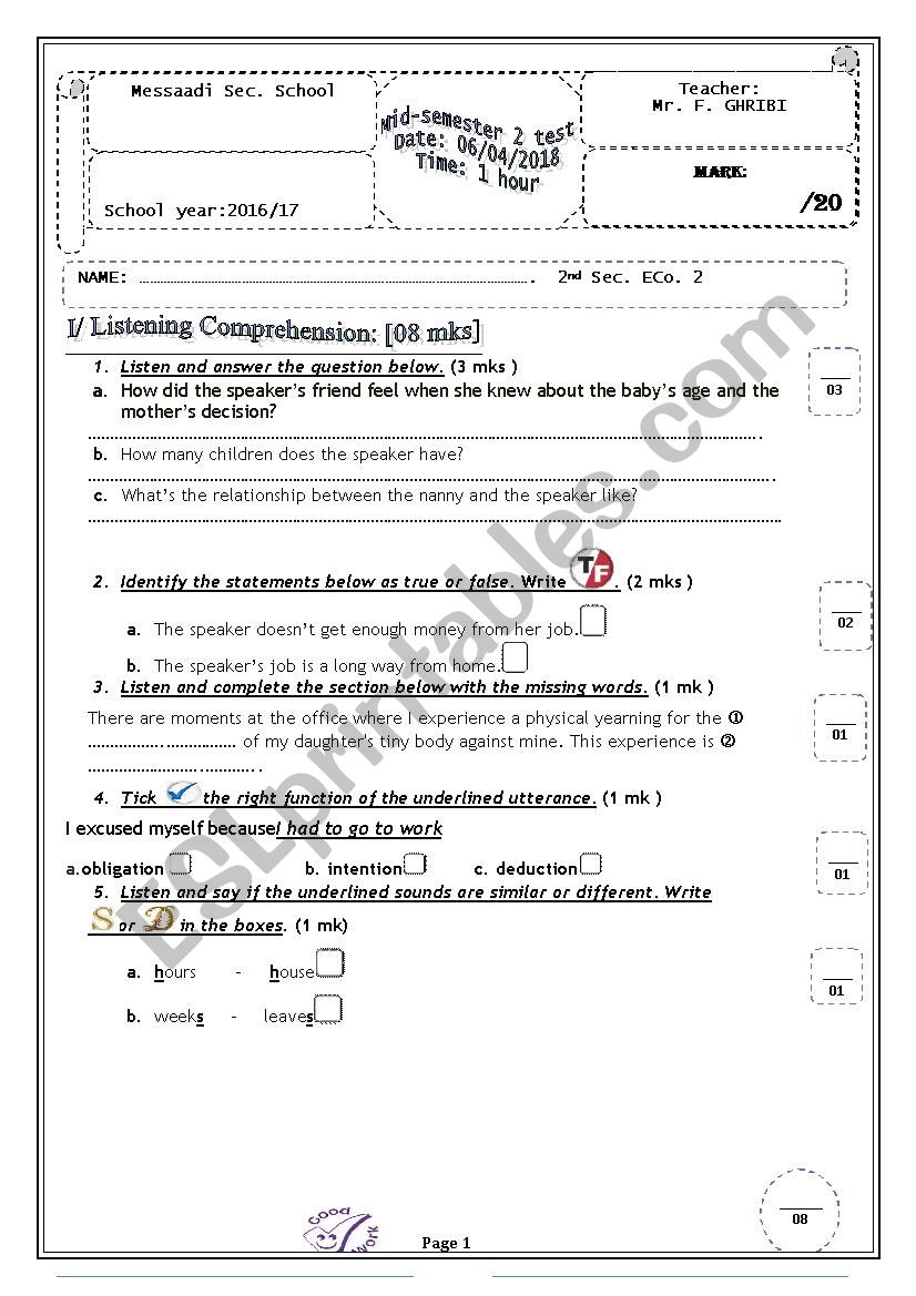 Mid-semester 2 test (2nd secondary edu.  Tunisian students)