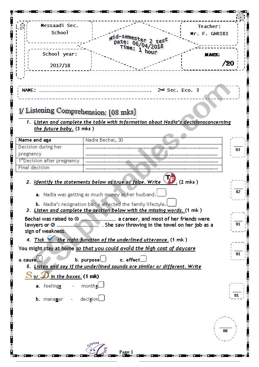 Mid-semester 2 test (2nd secondary edu.  Tunisian students)