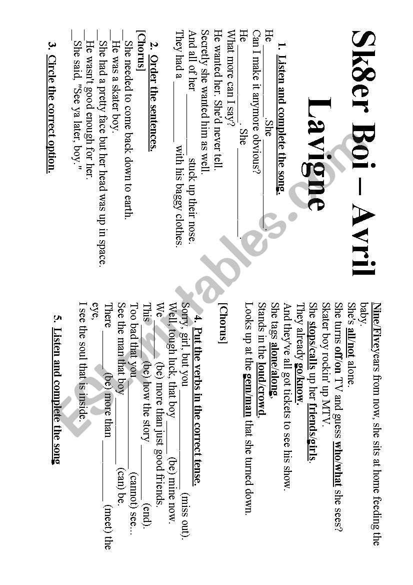 Sk8er boi - Avril Lavigne worksheet