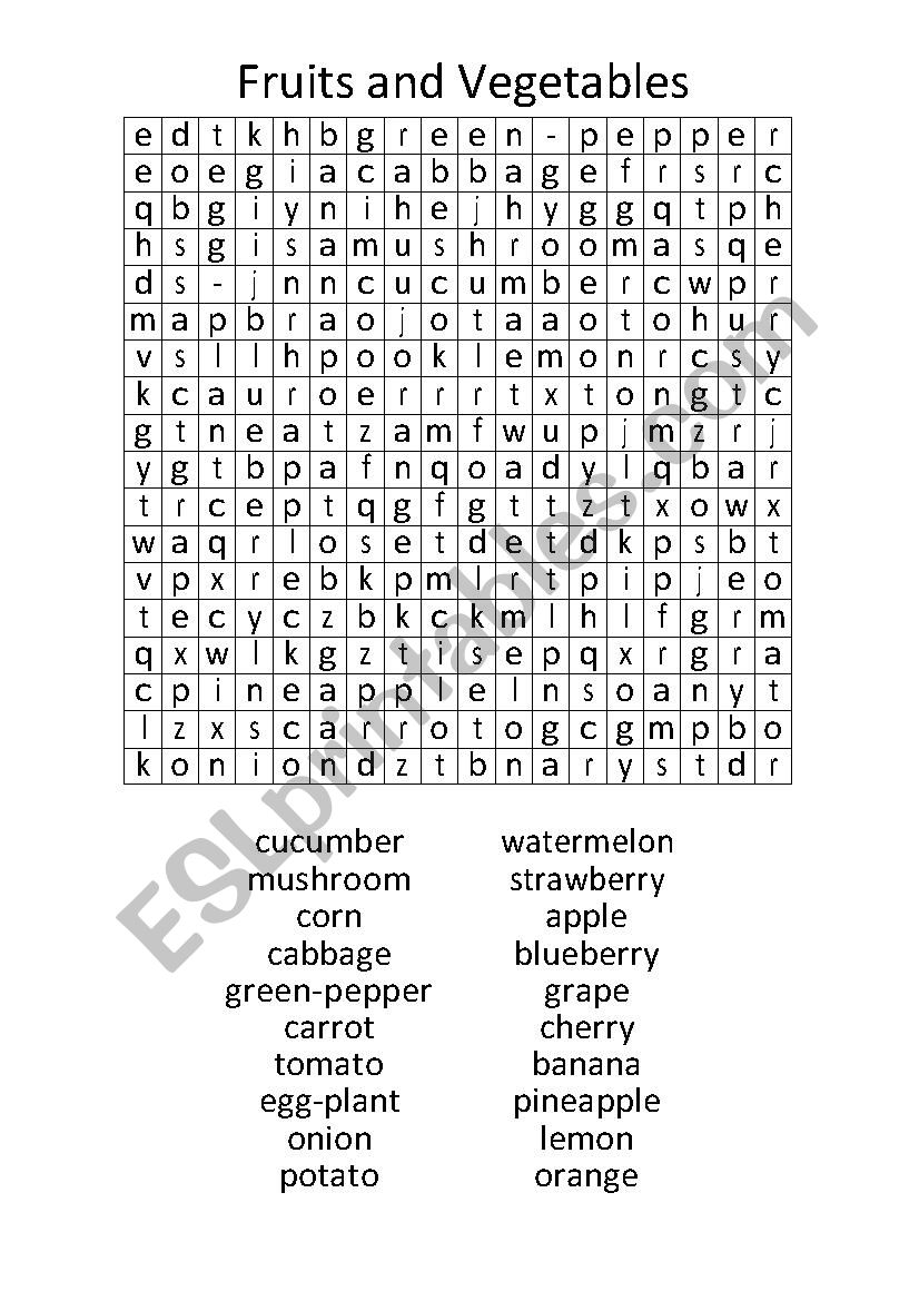 Fruits and Vegetables word search
