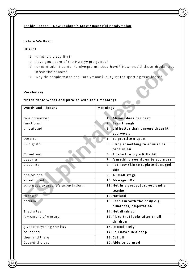 Sophie Pascoe - Paralympian worksheet