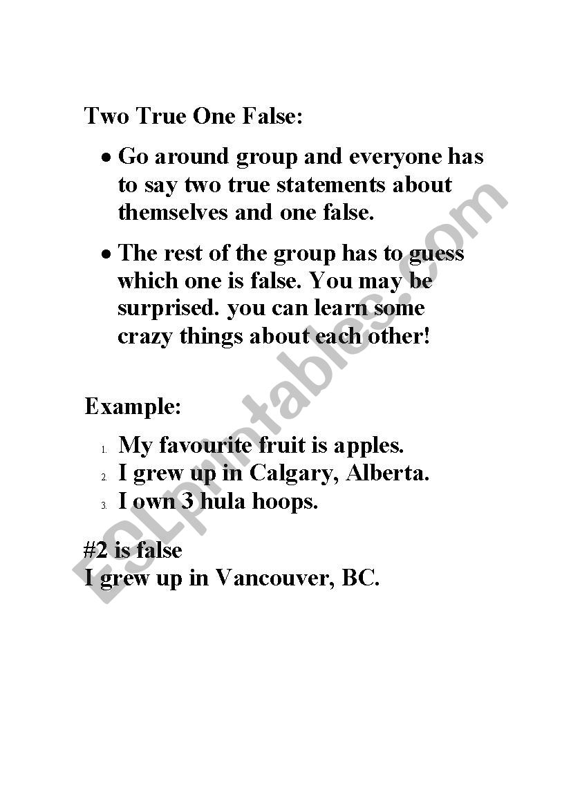 Two True, One False worksheet